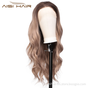 Aisi Hair Cheap Long Wavy Ombre Brown Dark Root Wig Body Wave Lace Front Wig Synthetic Fiber Front Lace Wigs For Black Women
